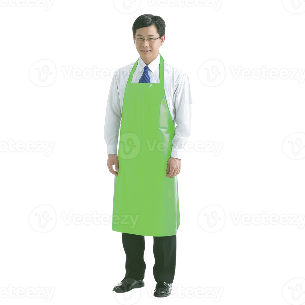 man wearing bright green apron stands confidently, dressed in formal attire with white shirt and black pants. apron adds pop of color, suggesting blend of professionalism and creativity png