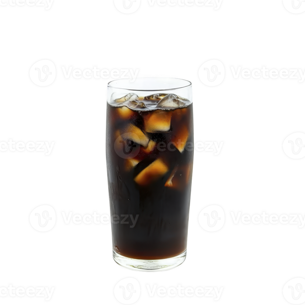 tall glass of refreshing iced coffee with ice cubes, perfect for hot day. dark, rich color of coffee contrasts with clear glass, creating inviting appearance png