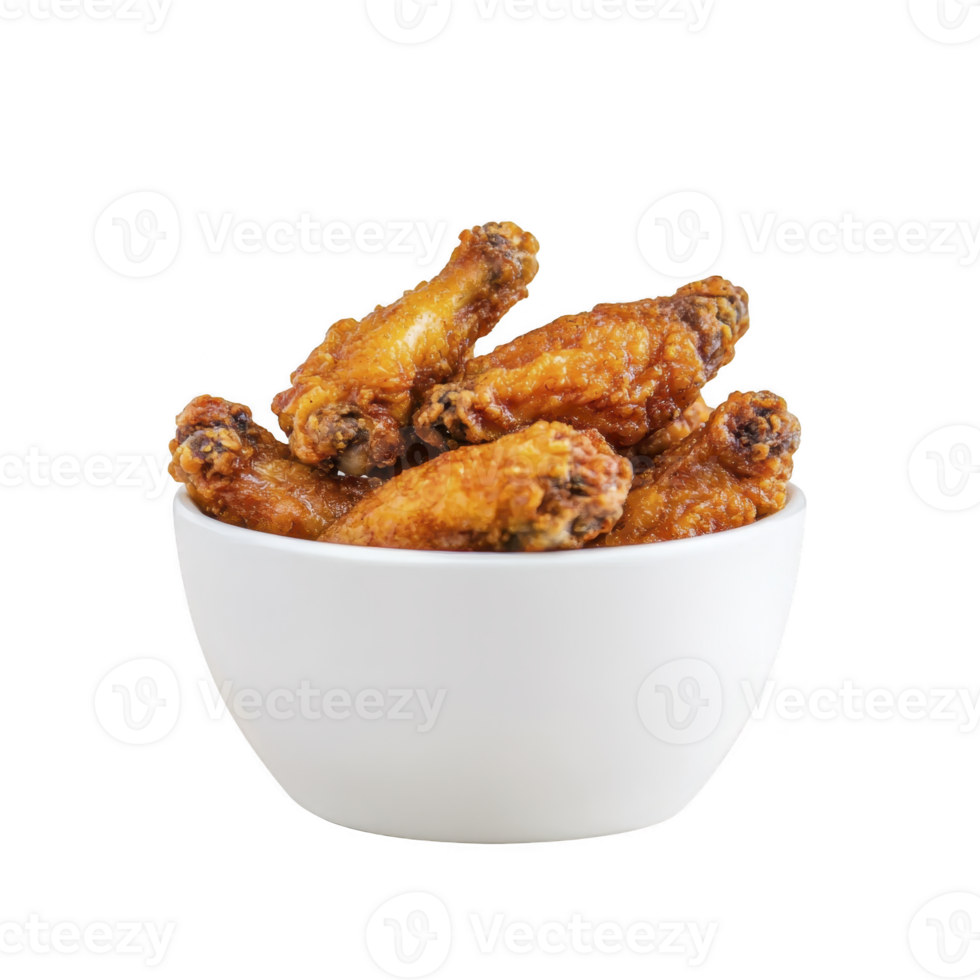 Crispy fried chicken wings in white bowl, showcasing golden brown texture. Perfect for delicious snack or appetizer, these wings are inviting and flavorful png