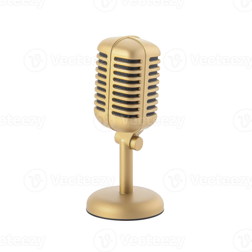 vintage style gold microphone with classic design, featuring sturdy stand and retro grille, evokes sense of nostalgia and elegance, perfect for broadcasting or musical performances png