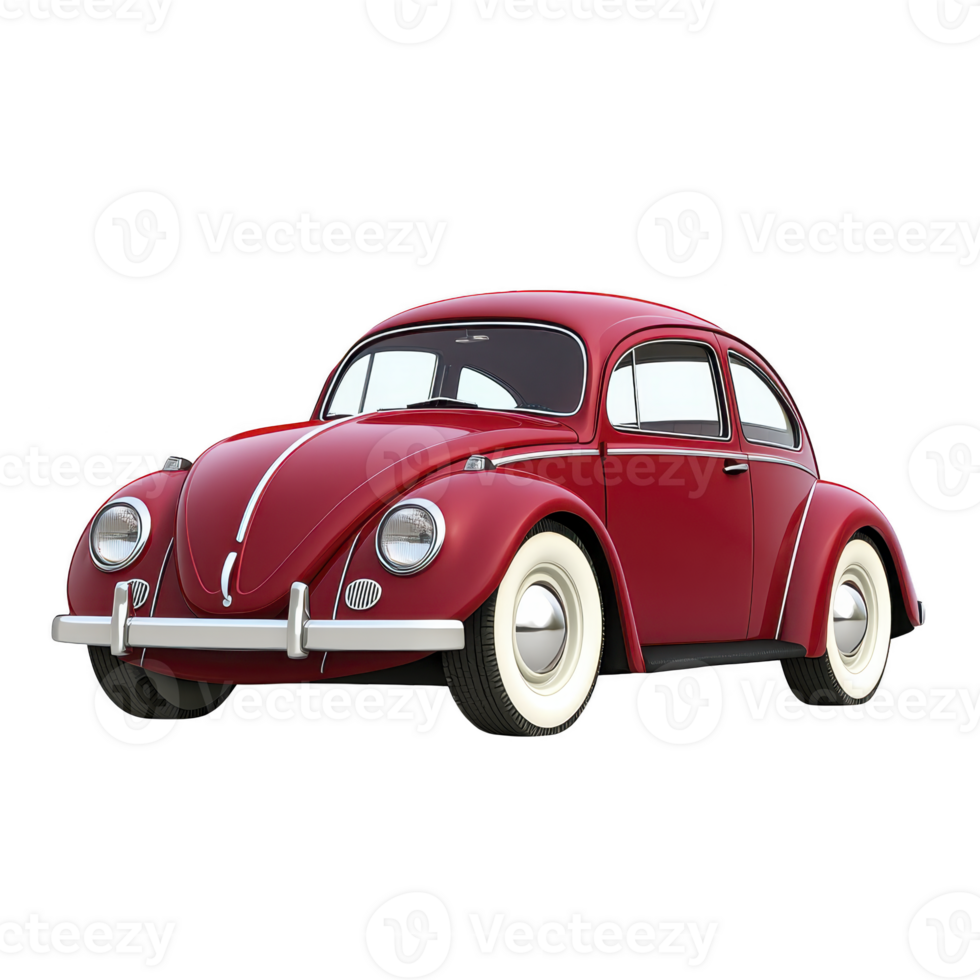 classic red vintage car with rounded design and whitewall tires, evoking nostalgia and charm. car sleek curves and shiny finish highlight its timeless appeal png