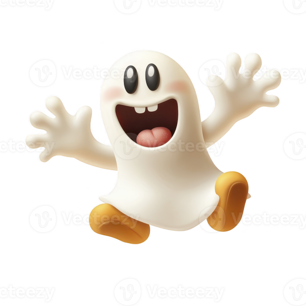 cheerful cartoon ghost with big smile and open arms, wearing orange shoes, appears to be jumping in excitement. ghost playful expression adds fun and whimsical touch to image png