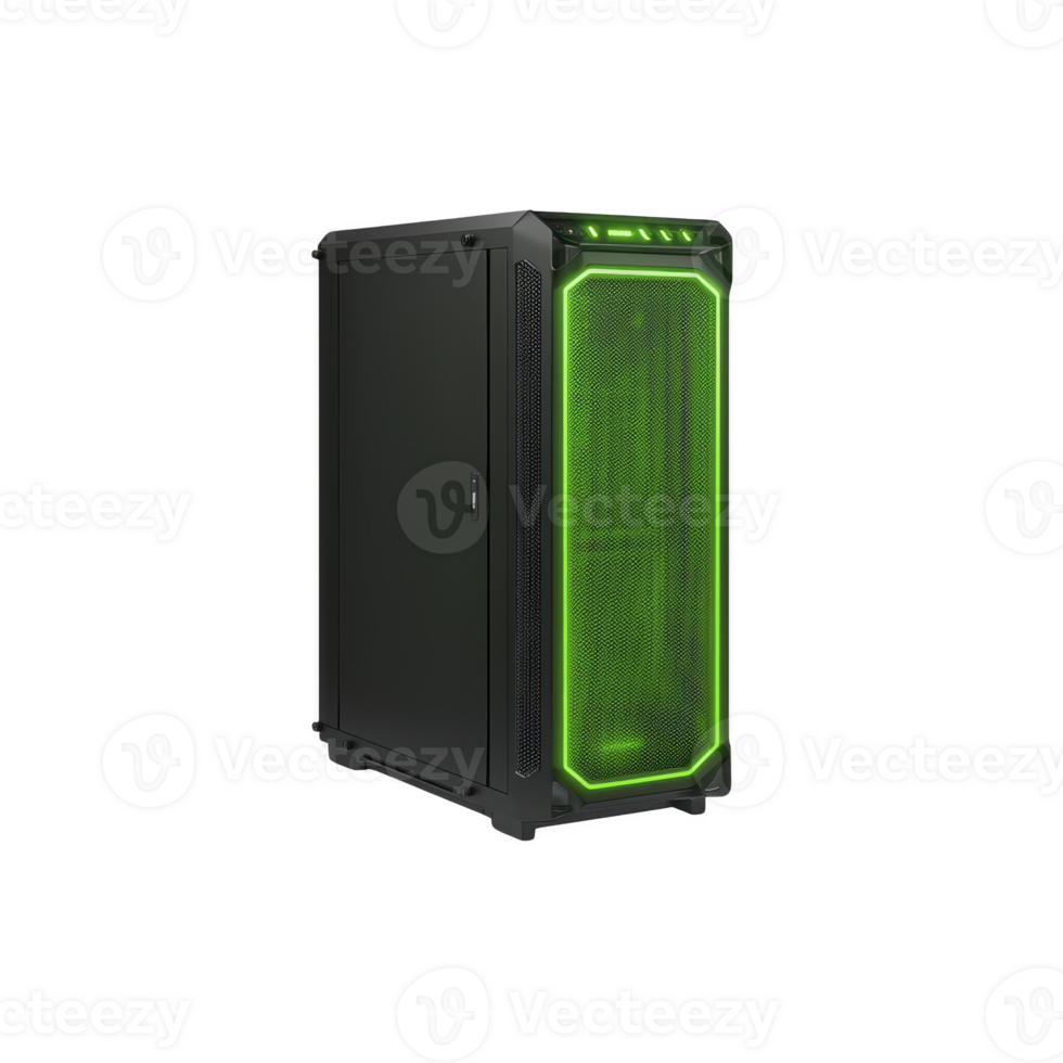 sleek black computer tower with vibrant green LED lighting on front panel, showcasing modern and futuristic design. Ideal for gaming or high performance computing setups png
