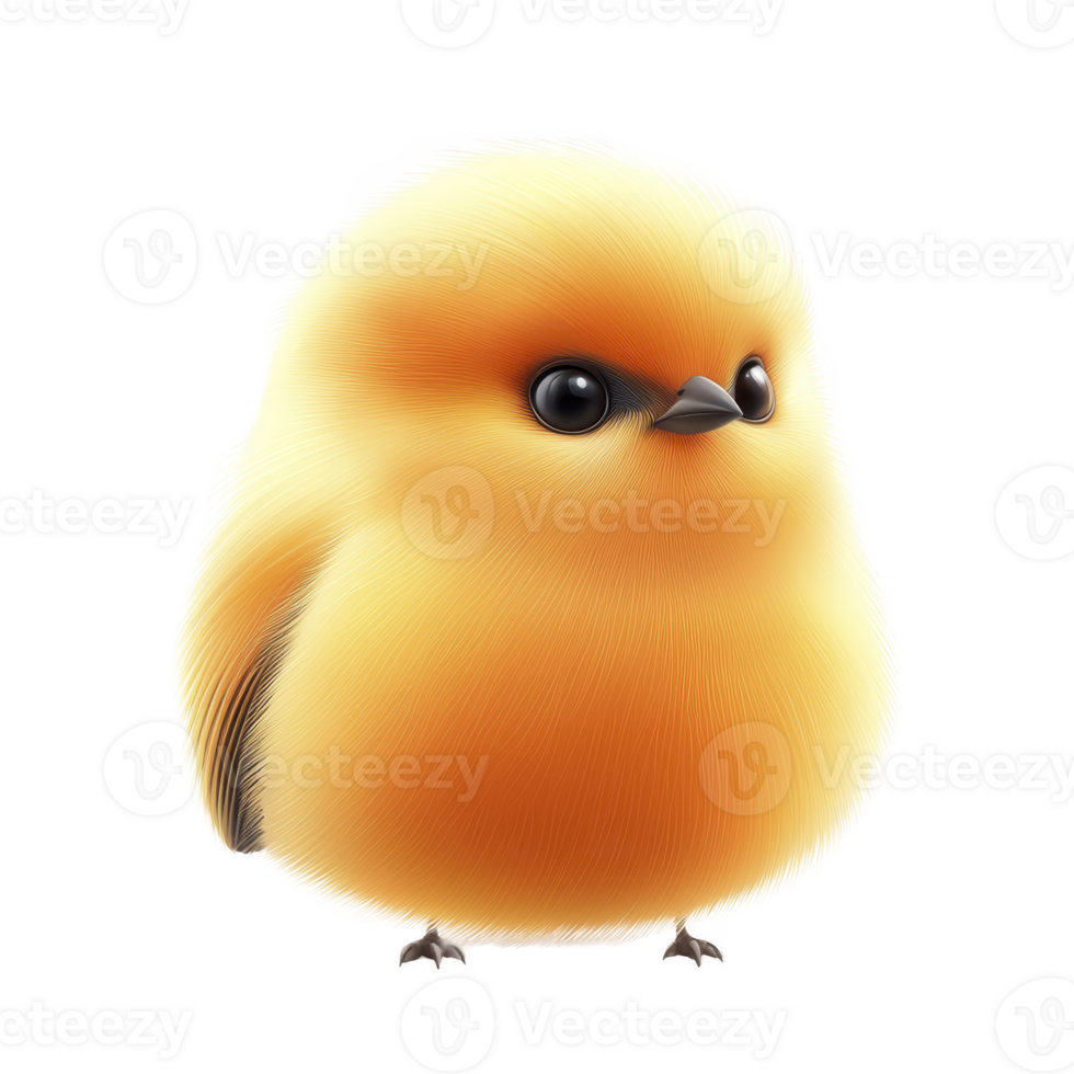 cute, fluffy, yellow bird with big eyes stands adorably, showcasing its soft feathers and small beak. bird round shape and vibrant color make it appear cartoonish and endearing png