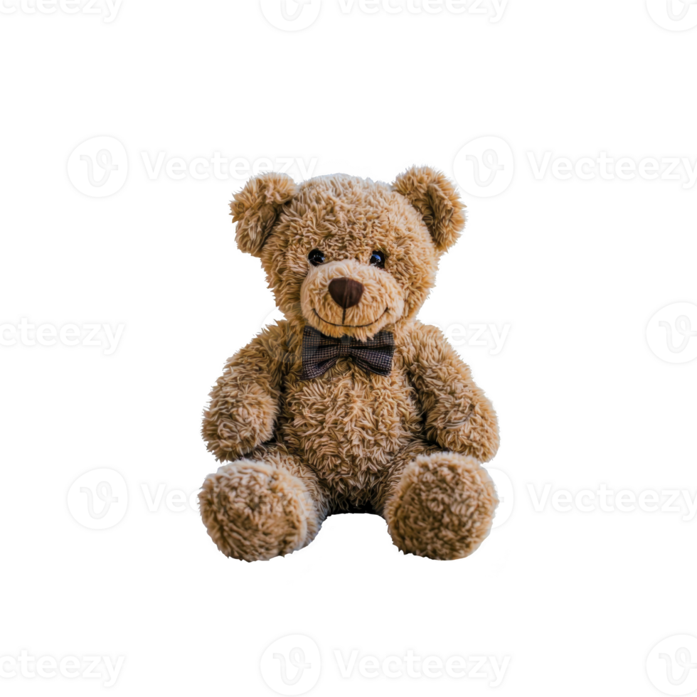 cute brown teddy bear with bow tie sits against plain background, exuding warmth and nostalgia. Its soft, plush texture and friendly expression make it ideal gift for children or collectors png