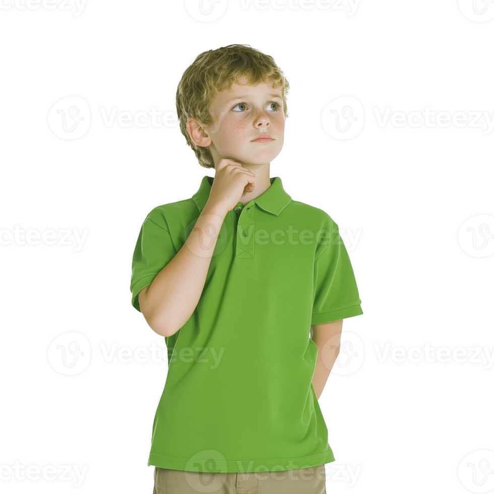 young boy in green polo shirt stands thoughtfully with his hand on his chin, looking upwards. background is plain, emphasizing his contemplative expression png
