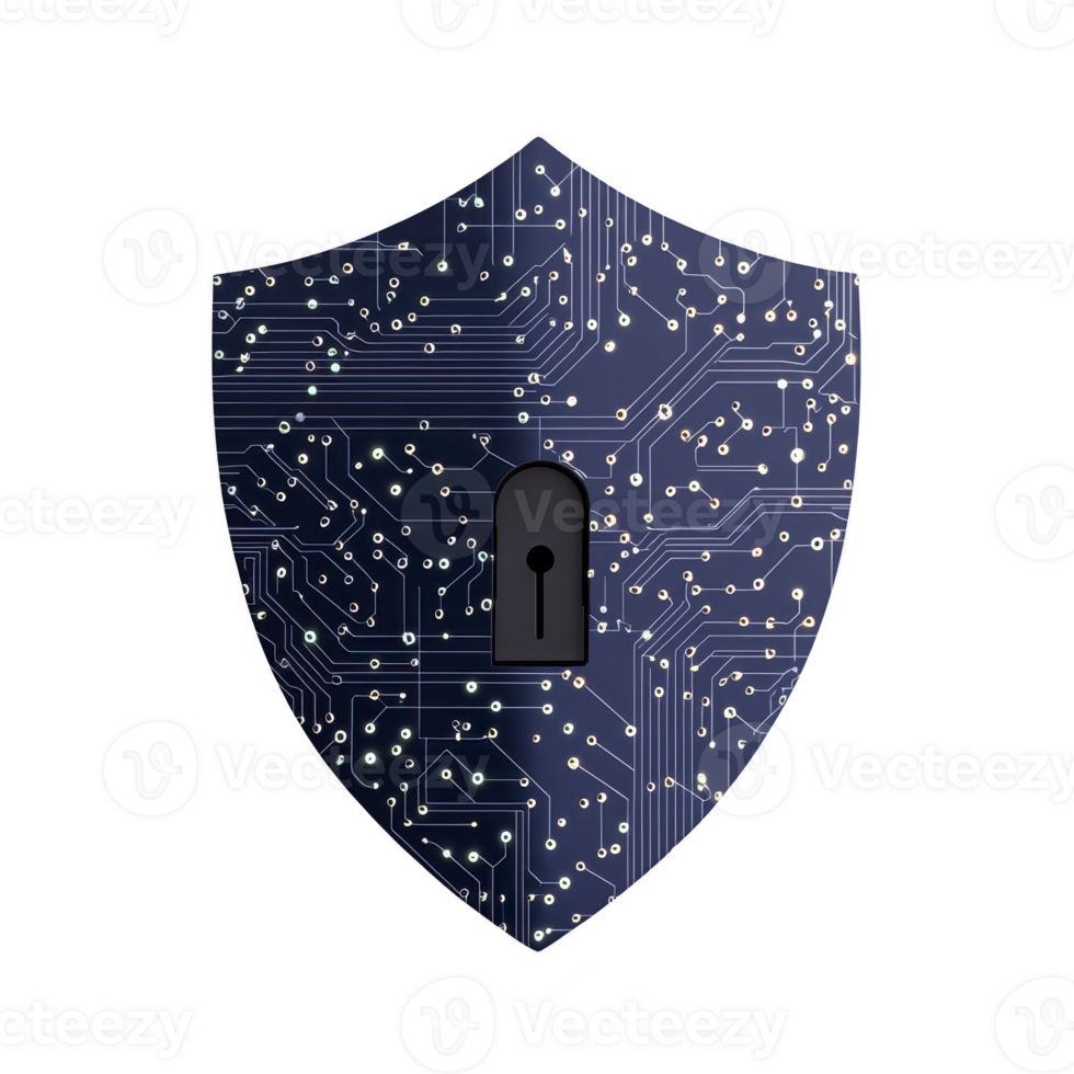 digital shield with circuit board pattern symbolizes cybersecurity and data protection, blending technology and security concepts png