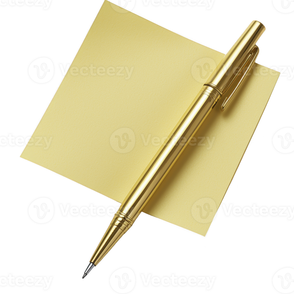 sleek gold pen rests diagonally on yellow sticky note, creating simple yet elegant composition. metallic sheen of pen contrasts with matte texture of paper, evoking sense of sophistication png