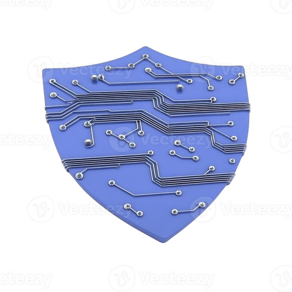 blue shield with circuit patterns symbolizes digital security and protection, representing cybersecurity and data safety. design conveys sense of technological defense and innovation png