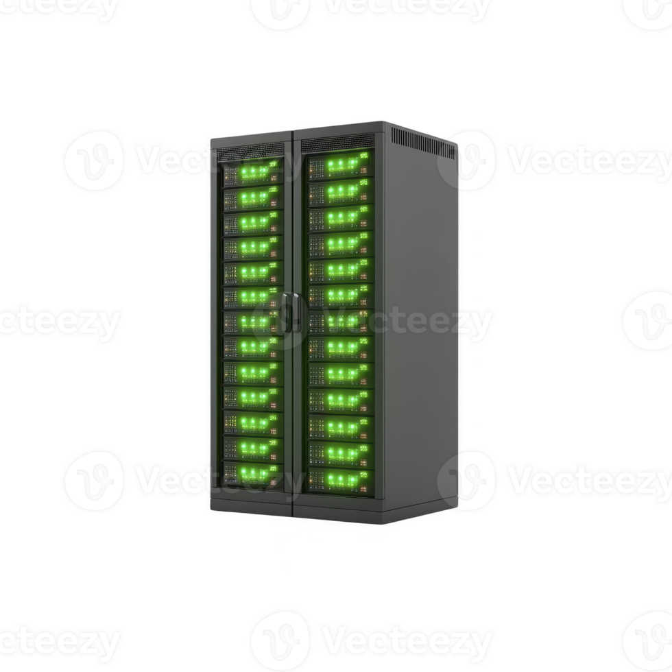 server rack with glowing green lights indicates active data processing and storage. sleek design and vibrant illumination suggest modern, efficient data center environment png