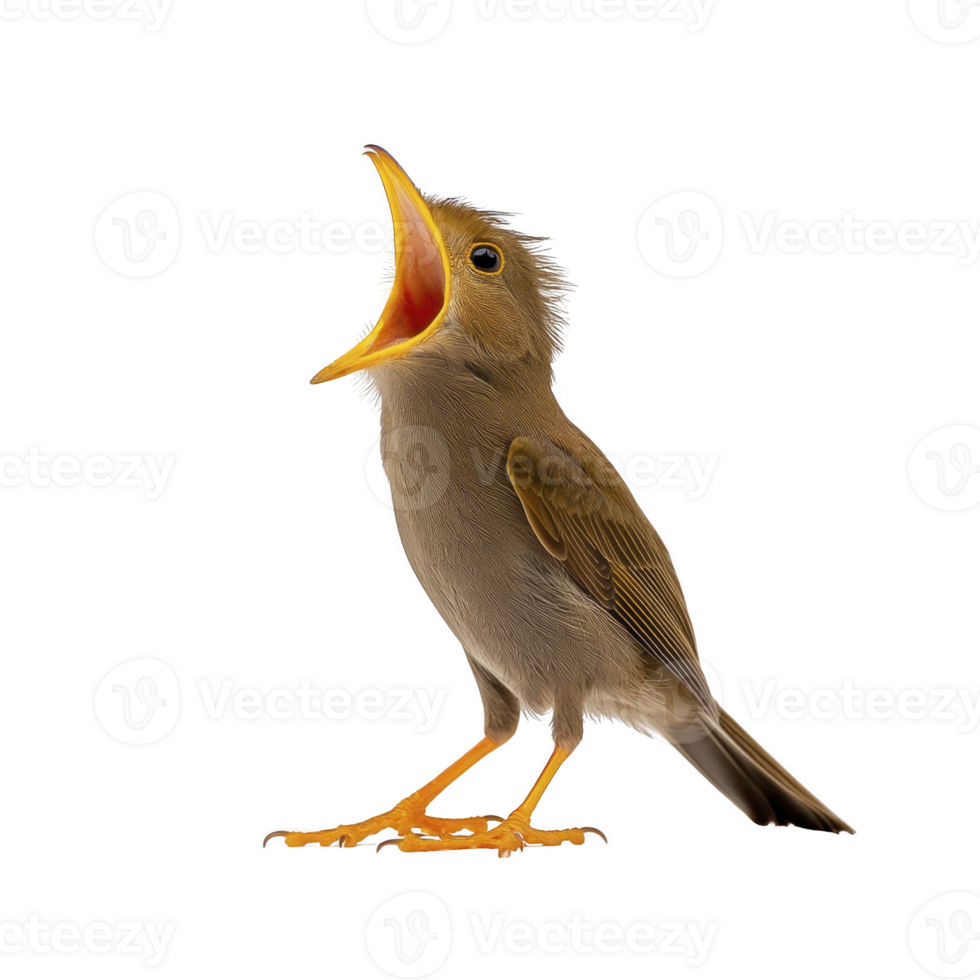 small bird with its beak open wide, appearing to sing or call out, stands on plain background. bird feathers are fluffy, and its posture is upright, conveying sense of energy and liveliness png
