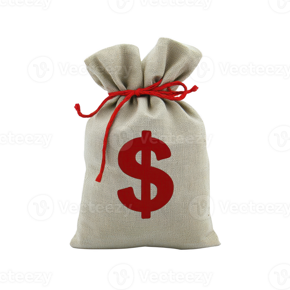 burlap sack with red dollar sign is tied with red string, symbolizing wealth or savings. simple design conveys financial themes effectively png