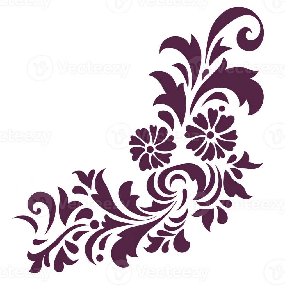 decorative floral design with intricate purple patterns and swirling leaves, creating elegant and artistic motif. design features stylized flowers and foliage, perfect for embellishments png