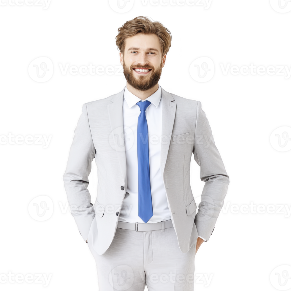 confident man in light gray suit with blue tie stands smiling, exuding professionalism and approachability. His hands are casually in his pockets, adding relaxed vibe png