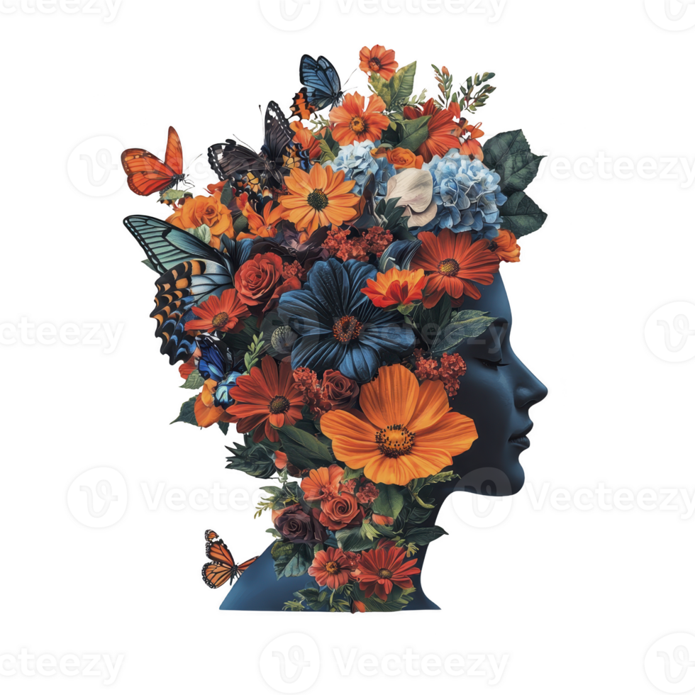 vibrant digital artwork of silhouette adorned with colorful flowers and butterflies, blending nature and human form in creative expression png