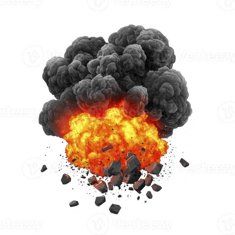 fiery explosion with billowing black smoke and flying debris creates dramatic scene. intense flames and dark clouds convey sense of chaos and power png