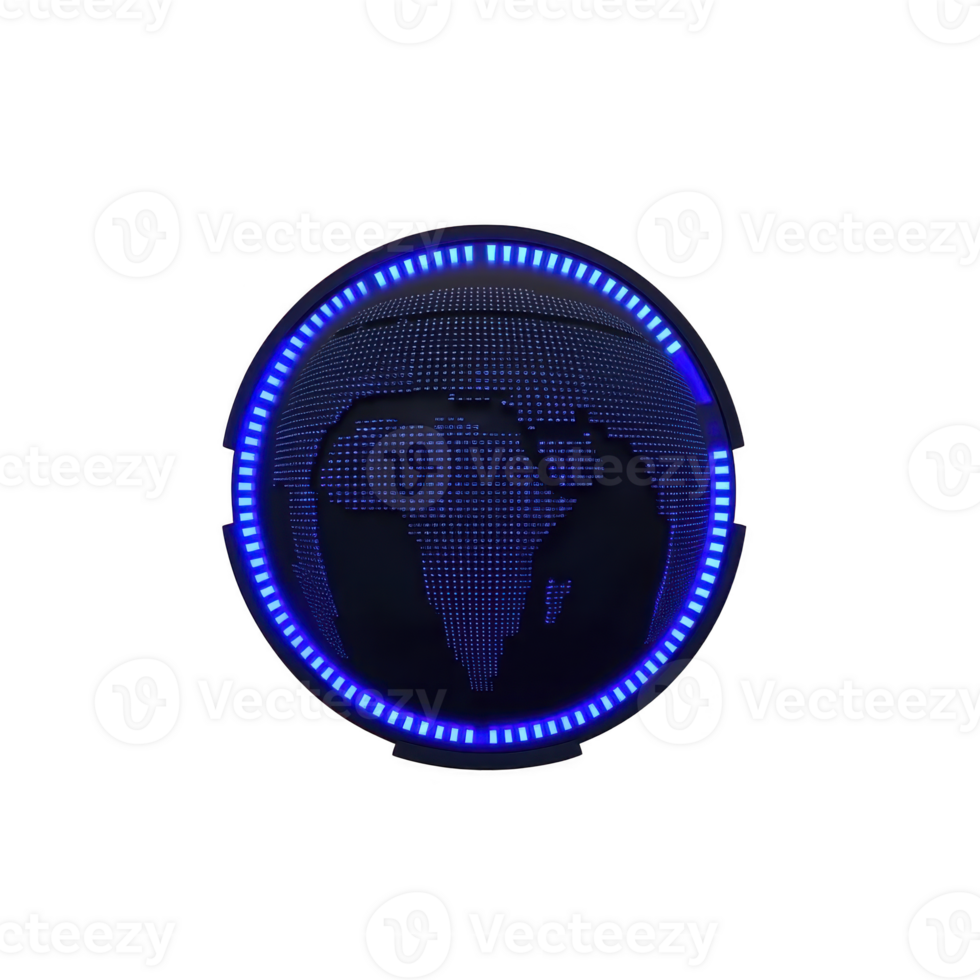 digital representation of Earth is depicted with glowing blue circular design, showcasing futuristic and technological aesthetic. image highlights stylized map of continents within vibrant png