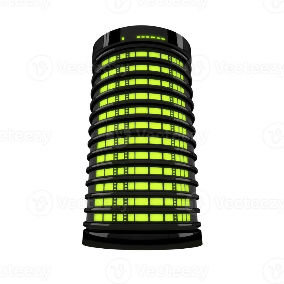glowing cylindrical tower with futuristic design, featuring bright green illuminated windows and sleek, modern structure. tower exudes sense of advanced technology and innovation png