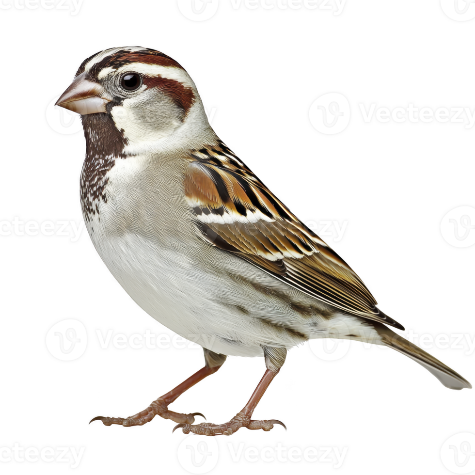small sparrow with brown and white plumage stands gracefully, showcasing intricate feather patterns and curious expression. Its delicate features and earthy tones blend harmoniously png
