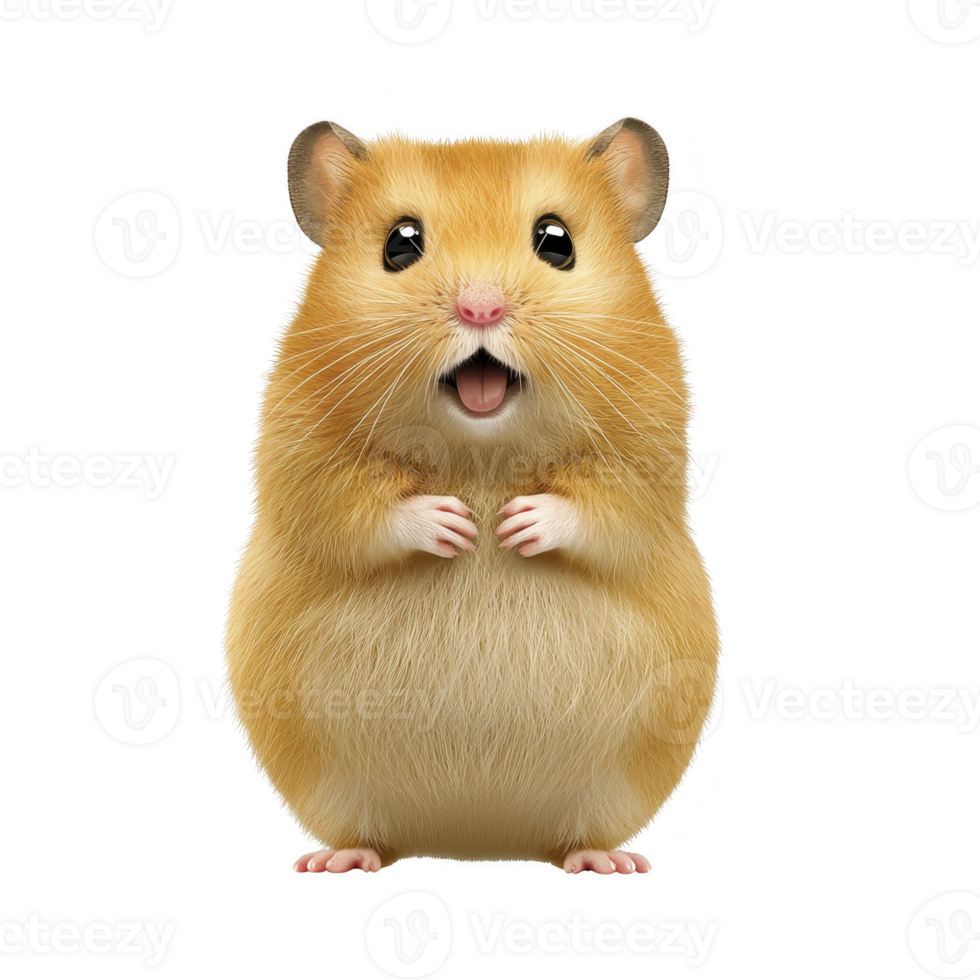 cute, fluffy hamster stands upright with surprised expression, showcasing its round body and tiny paws. golden fur and bright eyes add to its adorable appearance png