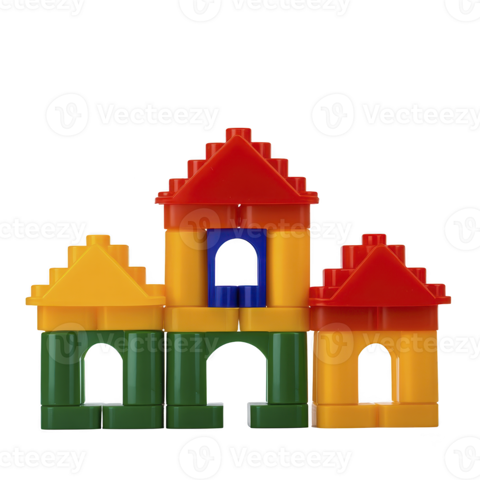 Colorful plastic building blocks form playful house structure with red, yellow, and green pieces, showcasing creativity and imagination in children toys png