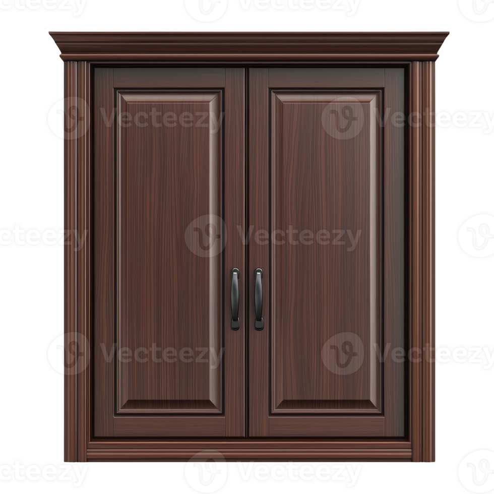 wooden cabinet with classic design features two paneled doors and elegant handles, showcasing rich brown finish. cabinet traditional style adds touch of sophistication to any room png