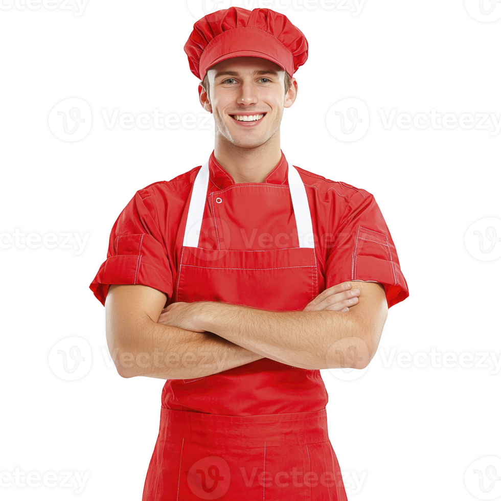 smiling chef in red uniform and hat stands confidently with arms crossed, conveying professionalism and friendliness. attire suggests culinary setting, emphasizing expertise png