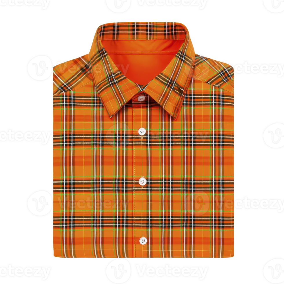 vibrant orange plaid shirt with classic collar and button down design, neatly folded. pattern features intersecting lines in various colors, creating bold and stylish look png