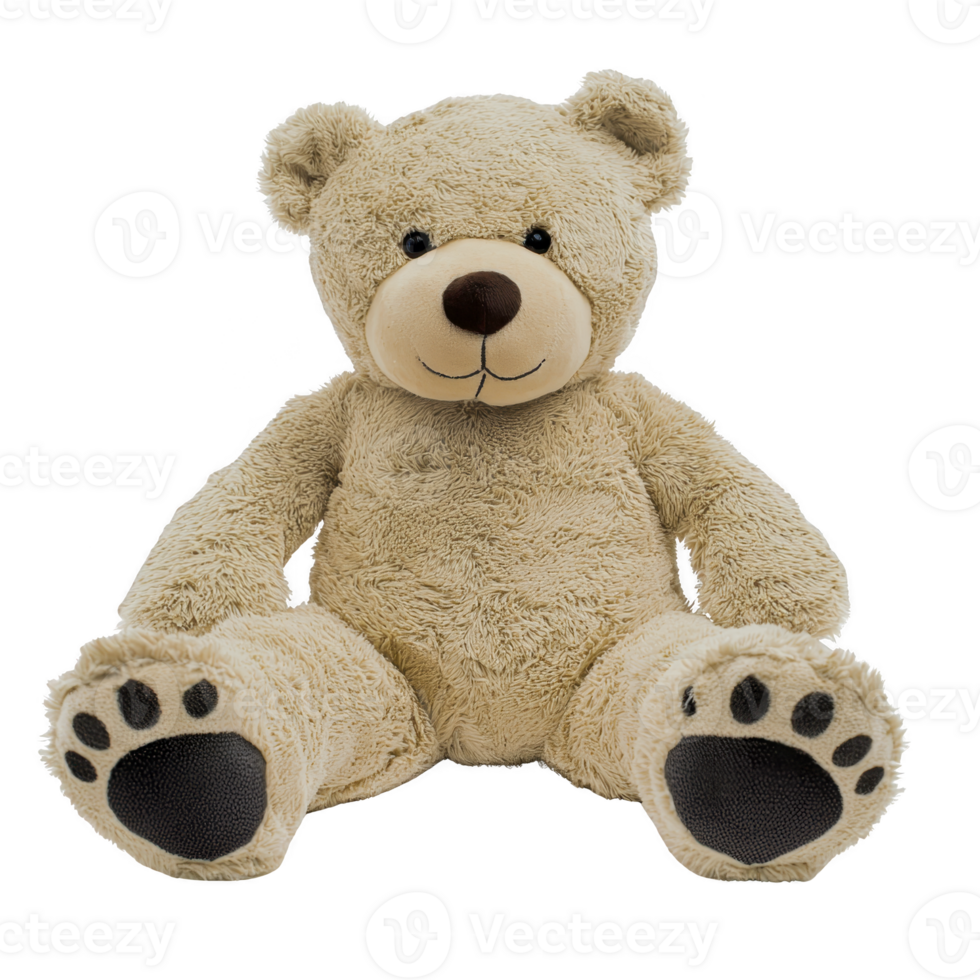 cute, fluffy teddy bear with friendly expression sits upright, showcasing its soft, beige fur and adorable paw prints on its feet. Perfect for cuddling and comforting png