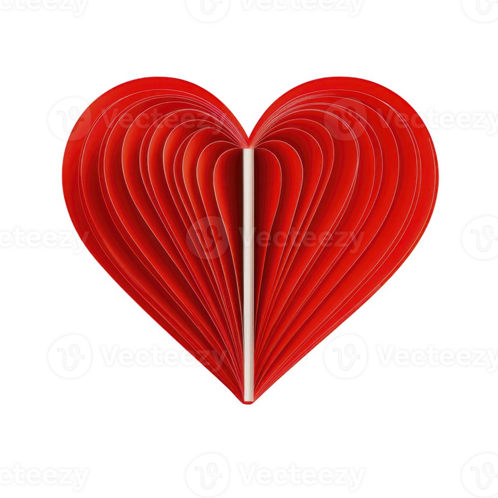 heart shaped arrangement of red pages creates striking visual, symbolizing love and creativity. vibrant red color and symmetrical design evoke feelings of passion and romance png