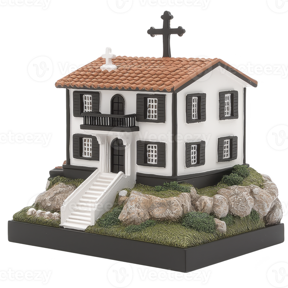 charming miniature model of traditional house with cross on roof, featuring red tiled roof, white walls, and black shutters, set on rocky base with greenery png