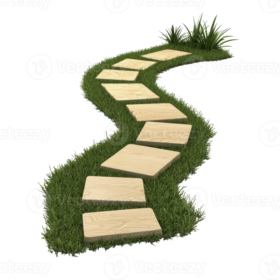 winding path of square wooden stepping stones is set in lush green grass, creating serene and inviting garden walkway. natural design adds touch of tranquility to outdoor space png