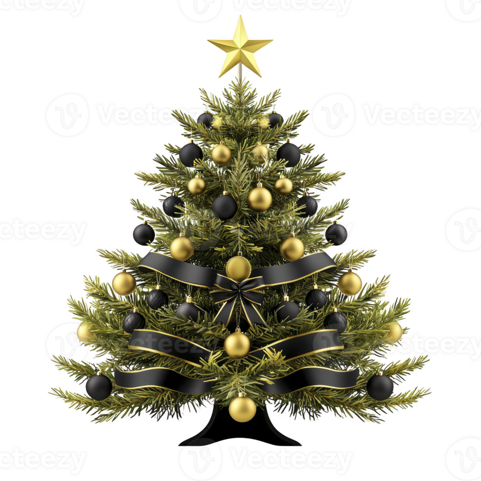 beautifully decorated Christmas tree with golden star on top, adorned with black and gold ornaments and ribbons, creating elegant and festive atmosphere png