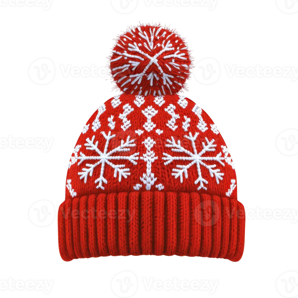 cozy red knitted winter hat with white snowflake pattern and fluffy pom pom on top, perfect for cold weather png