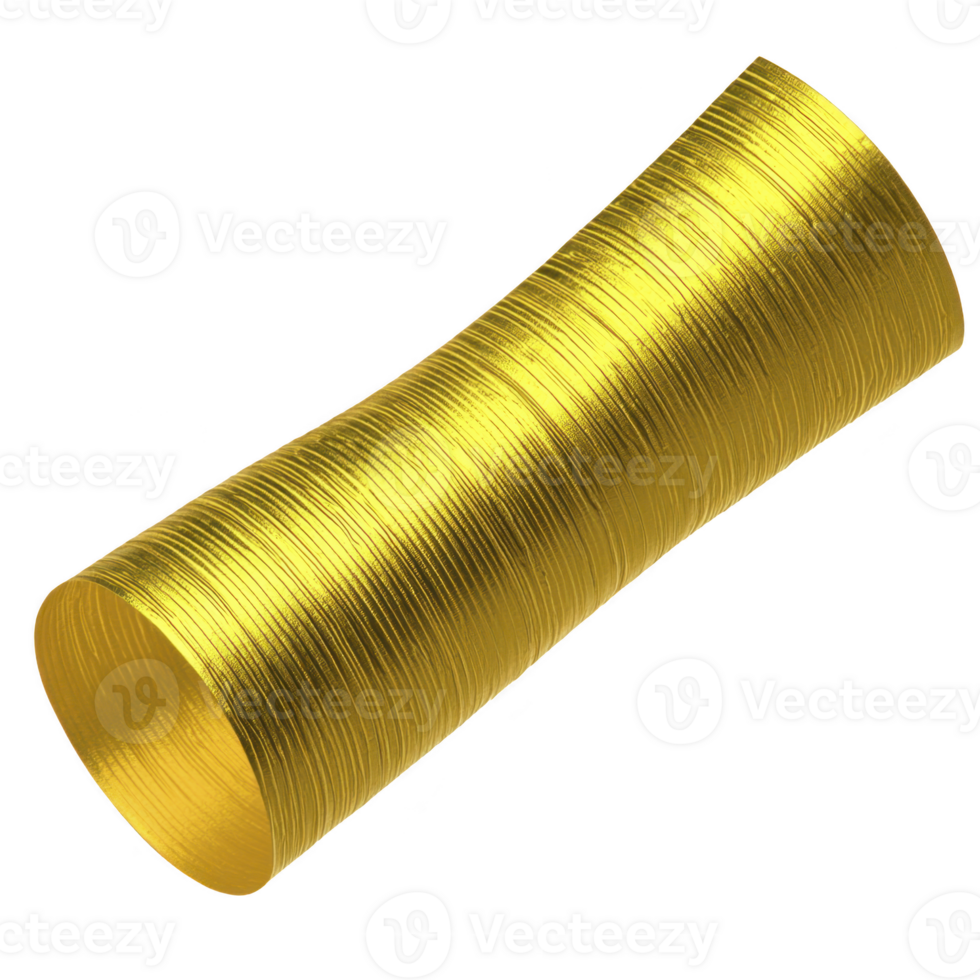 shiny, metallic gold coil with cylindrical shape, resembling spring or flexible tube, is displayed against transparency background. coil reflective surface gives it luxurious appearance png