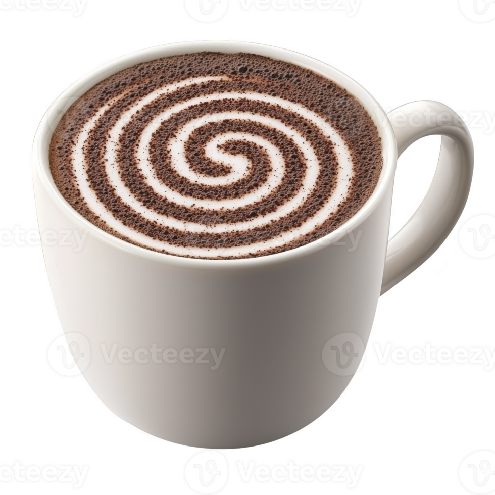 white ceramic mug filled with creamy hot chocolate features intricate spiral design on top, creating visually appealing and inviting drink png
