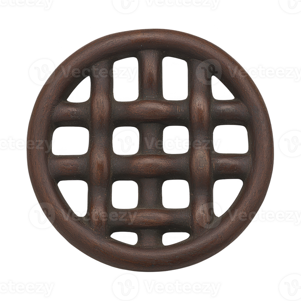 round, brown, wooden trivet with grid pattern is shown, designed for protecting surfaces from hot cookware. rustic design adds touch of traditional charm to kitchen decor png
