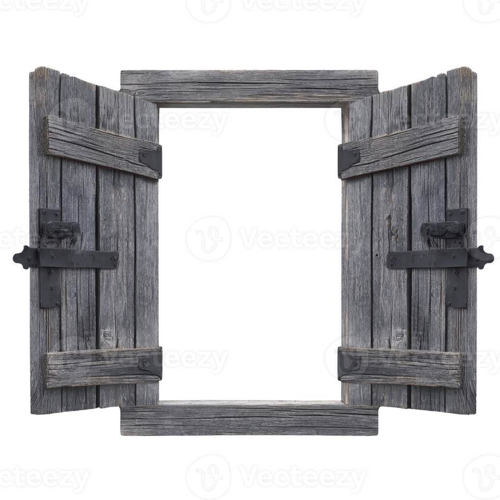 rustic wooden window frame with open shutters, showcasing weathered wood and metal hinges, evokes sense of nostalgia and charm. aged texture adds character to frame png