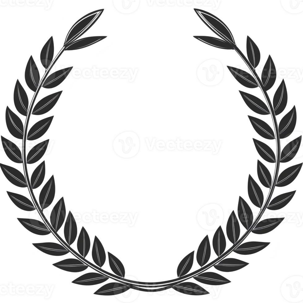 black laurel wreath with symmetrical leaves forms classic and elegant circular design, often symbolizing victory or achievement. simple yet powerful imagery evokes sense of honor and prestige png