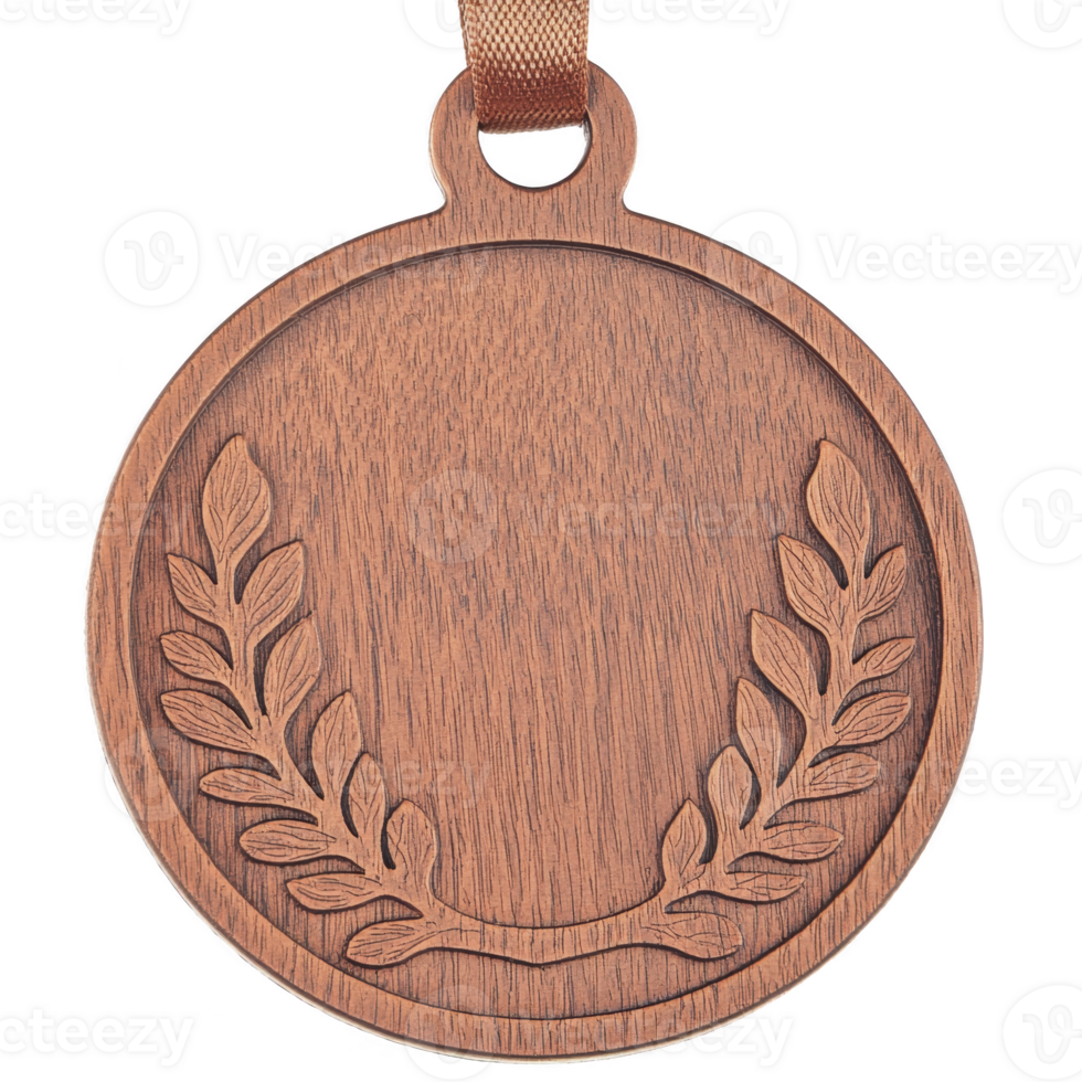 round wooden medal with carved laurel wreath design, symbolizing achievement and honor. medal has smooth finish and ribbon loop at top, perfect for awards png