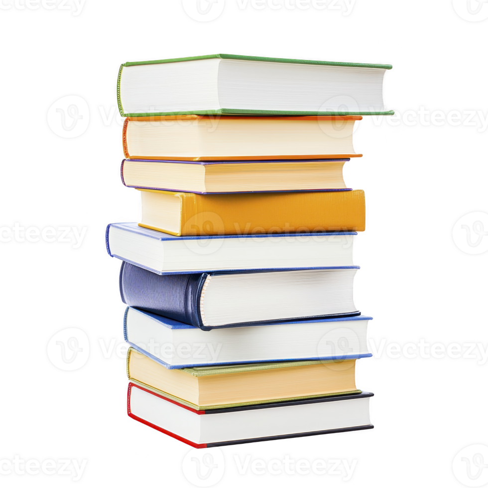 stack of colorful hardcover books is neatly arranged, showcasing variety of vibrant covers and thick spines. books are stacked vertically, creating inviting and educational atmosphere png