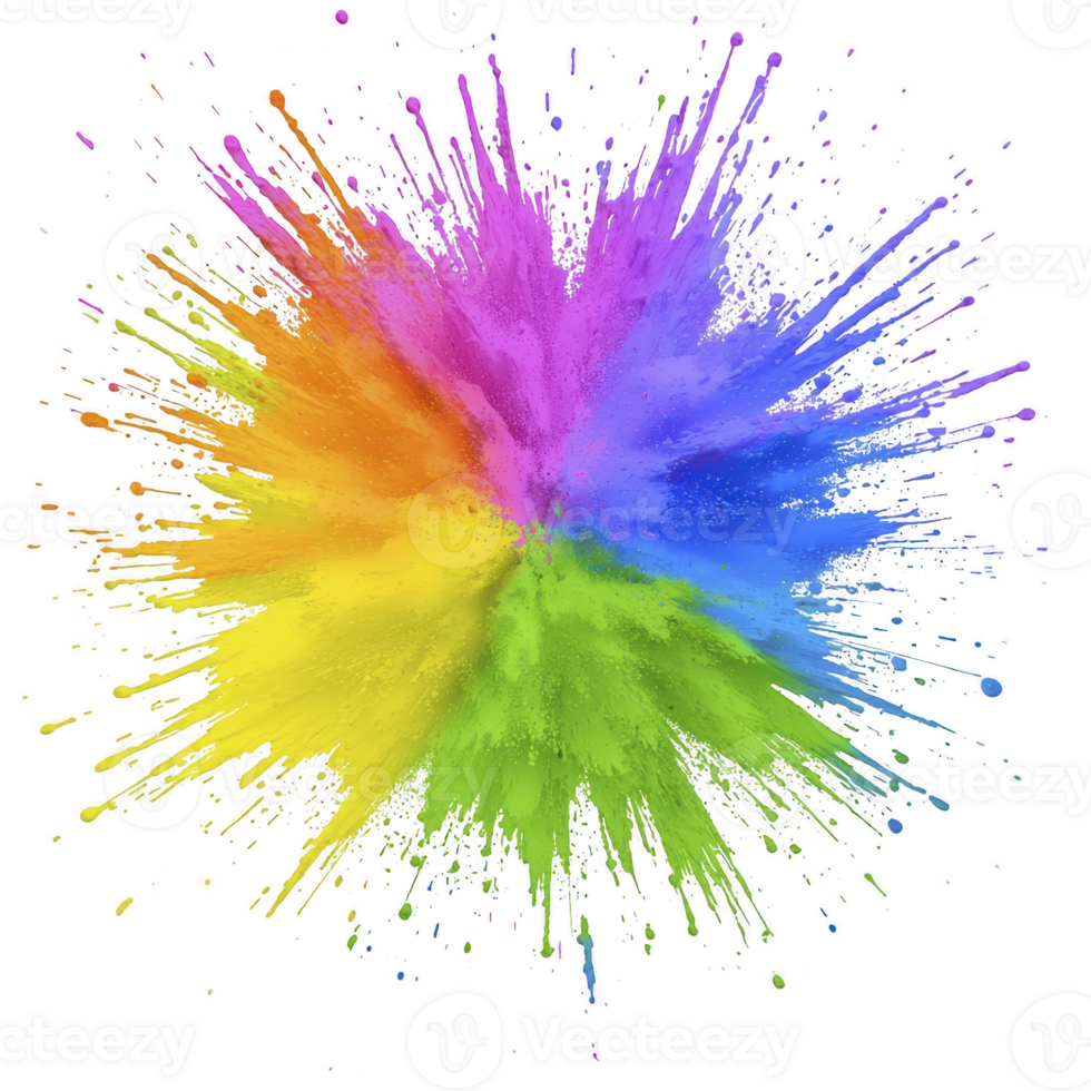 vibrant explosion of colorful powder bursts outward, creating dynamic and energetic display of rainbow hues. vivid colors blend seamlessly, showcasing spectrum of bright pigments png