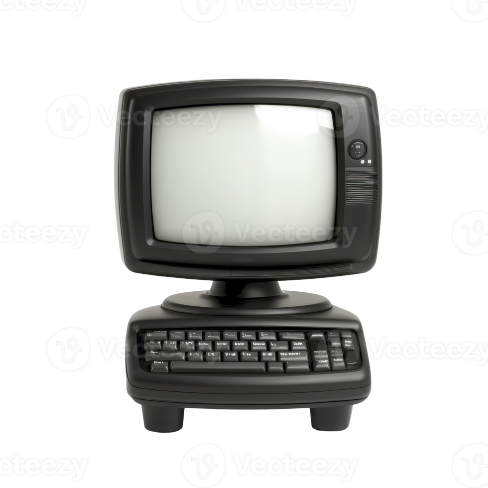 vintage black computer with CRT monitor and keyboard evokes nostalgia and retro technology. classic design highlights evolution of computers over decades png