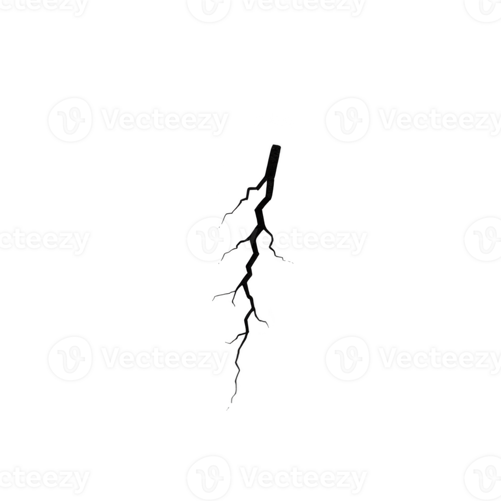 single, jagged lightning bolt strikes against transparency background, showcasing raw power and energy of nature. stark contrast highlights intricate, branching patterns of bolt png