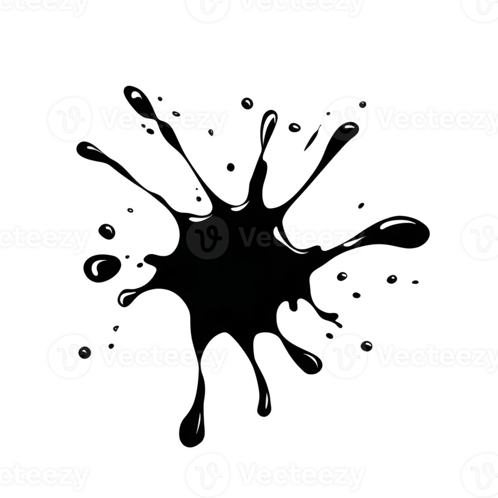 black ink splatter with irregular edges and droplets radiating outward, creating abstract and dynamic design. splatter is set against transparent background, making it versatile for various png