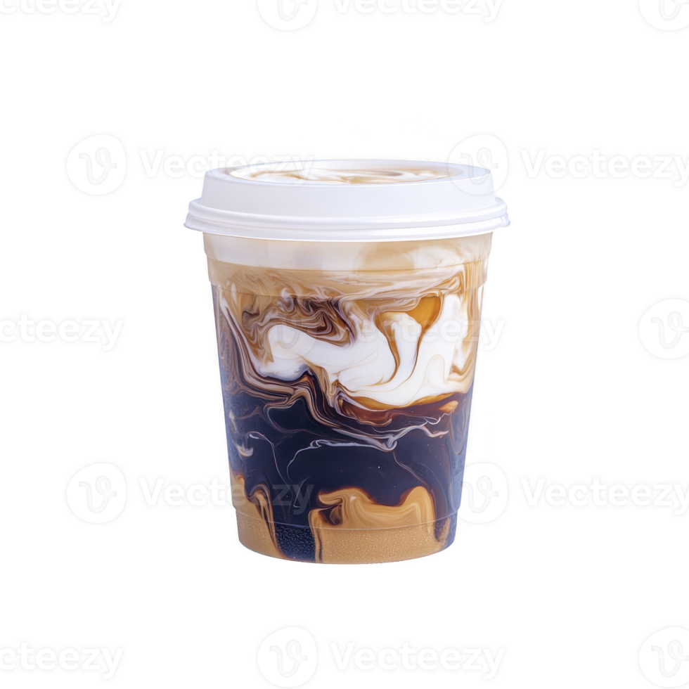 clear plastic cup filled with beautifully swirled iced coffee, showcasing layers of dark coffee, creamy milk, and frothy foam, creating artistic and appetizing appearance png