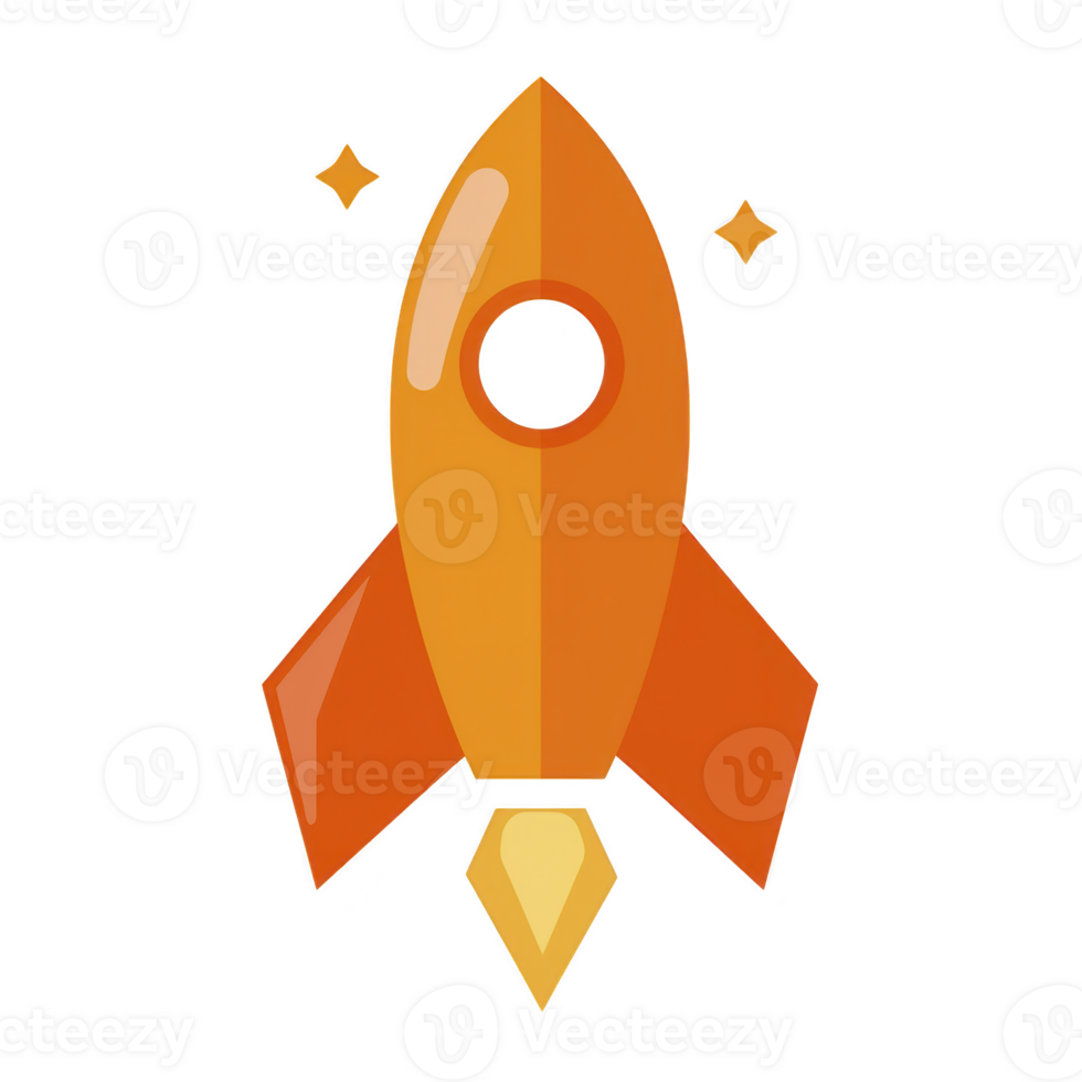 vibrant orange rocket icon with sleek design and two small stars, symbolizing innovation and exploration. illustration conveys sense of adventure and futuristic technology png