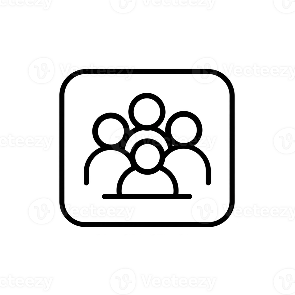 This features simple black icon of four people, symbolizing group or community, enclosed within rounded square. design is minimalistic and straightforward. group icon black and white png