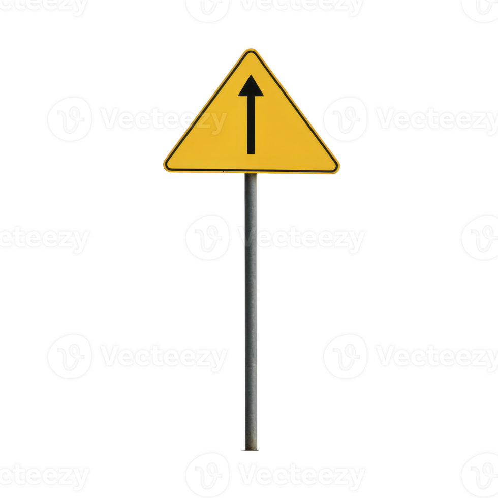 yellow triangular road sign with black arrow pointing upwards, indicating direction or warning. sign is mounted on metal pole, isolated on transparency background png