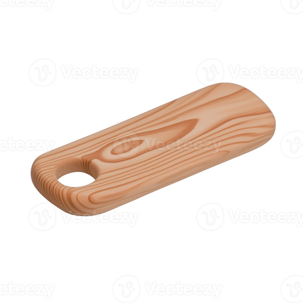 wooden cutting board with smooth finish and hole for easy handling, showcasing natural wood grain patterns. Ideal for kitchen use and food preparation png
